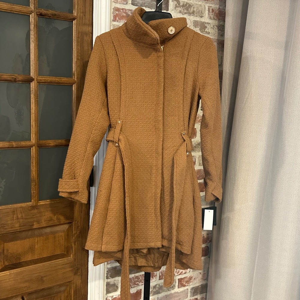 Steve Madden Coat Women Camel Belted Funnel Neck Leopard Lining New S